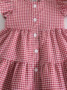 女婴可爱格纹短袖派对连衣裙，春夏款 - 紅色 - 查看 3