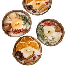 1-2个椰子碗造型香氛蜡烛，两种香型可选（肉桂橙皮/柏树蔓越莓），采用天然大豆蜡制成，无烟且持久留香。