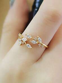 1 pieza Anillo de envoltura atractivo zirconia cúbica adorno con diseño de hoja para mujeres para regalo - Amarillo Oro - Ver 14