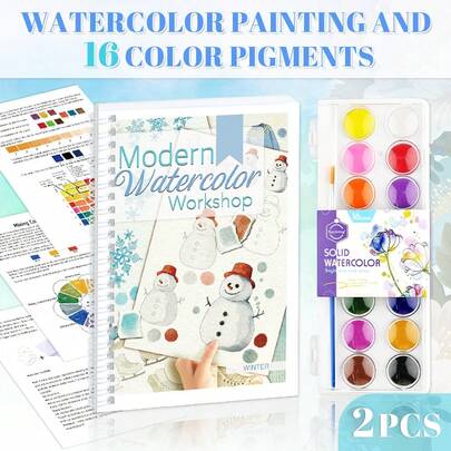 Winter Theme Watercolor Practice Kit, 16 Colors Paint & Brushes Included, Step-By-Step Tutorials, Perfect For Adults & Beginners, Ideal DIY Gift For Christmas Thanksgiving New Year, Creative Relaxation