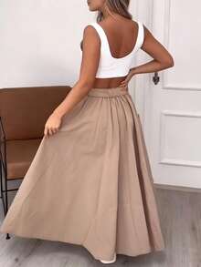 Women's Khaki Mid-Length Skirt, High Waist With Belt, Front Slit, Cargo Pockets, A-Line Loose Casual Street Style Maxi Skirt - Khaki - View 4