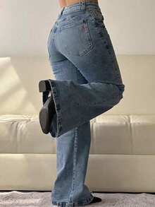Women's Flare Jeans Mid Waist Baggy Wide Leg Jeans Loose Jeans 90s Denim Pants  Fall And Winter Clothes - 藍色 - 查看 4