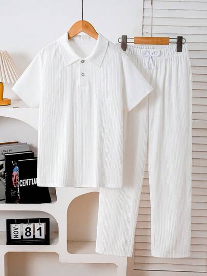 Purechapter 两件套男童斋月套装，简约纯色翻领polo衫，搭配松紧腰带蝴蝶结装饰长裤，适合户外活动和休闲穿着。