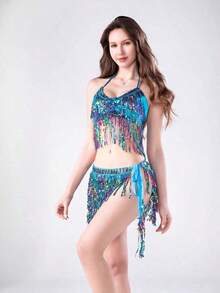 彩色亮片流苏胸衣上衣和腰链套装 - 肚皮舞舞台表演和夜店派对 - 彩色 - 查看 10