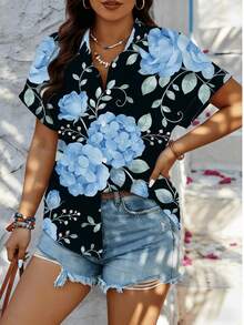 Camisa de manga corta con estampado floral vibrante para mujer de talla grande - Cuello entallado elegante, tela sin estiramiento, perfecta para primavera, verano y otoño, de moda para la oficina o uso casual, estilo holgado de verano - Negro - Ver 8