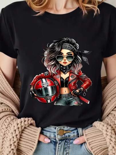 100% Pure Cotton Women's Black T-Shirt, Biker Girl T-Shirt For Women - Cool Motorcycle Woman With Red Leather Jacket & Helmet, Edgy Streetwear Tee, Perfect Gift For Her, This Round Neck Casual Top Is Designed Specifically For Women, Machine Washable, And Also Perfect For Daily Casual Wear And Holiday Attire.