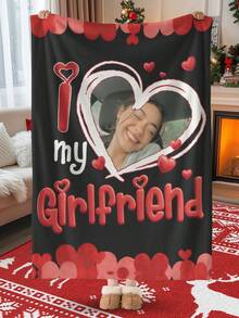 Custom Photo "I Love My Girlfriend" Blanket, Personalized Heart Graphic Couple Throw, Soft Plush Fleece Anniversary Gift For Girlfriend, Romantic Valentine's Day Present, Best Anniversary Gift For Him Her, Cozy Home Decor - 彩色 - 查看 2