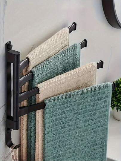 1个铝制毛巾杆，180°旋转淋浴毛巾架带挂钩，适用于浴室，可选1/2/3/4/5根杆以满足不同家庭需求，壁挂式毛巾架，大容量强力承重毛巾架，浴室配件，浴室收纳，浴室毛巾架，可折叠，免钻孔安装，适用于洗手台、厕所和浴室，简单实用。