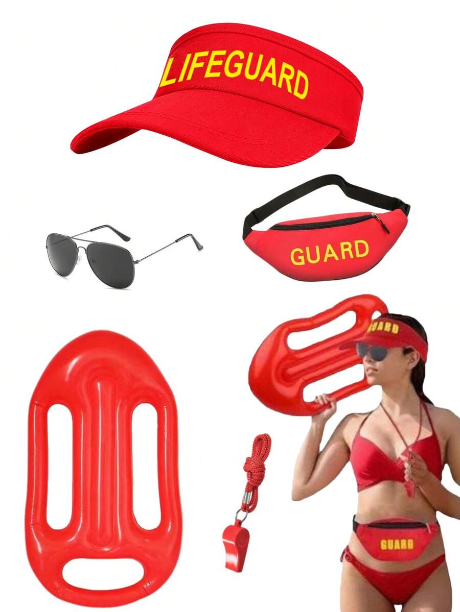 1/2/3/4/5pcs Spring/Summer New Surfing Costume Set, Funny Festival Lifeguard COS Beach Peaked Cap, Red Fashion Glasses, Whistle, Surfboard Bag, Beach Vacation Outfit Valentine's Day Costume - Multicolor - View 1