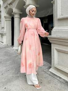 DAZY Spring/Fall Women's Oversized Floral Midi Dress For Vacation Long Sleeve Dress - Pink - View 2