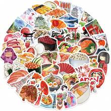 64pcs/Pack Japanese Style Doodle Sticker Set, Featuring Traditional Patterns, Scenery, Food Cartoon Designs For Guitar, Notebook, Luggage DIY Decoration, Personalized Scrapbooking Scrapbook Supplies Stationery Stickers