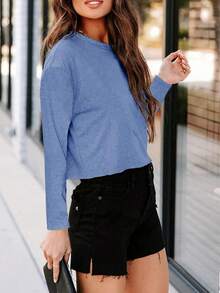 Women's Long Sleeve Crop Top Loose Fit Crew Neck Drop Shoulder Cropped T-Shirt Casual Basic Tee - Màu xanh lam - Xem 2