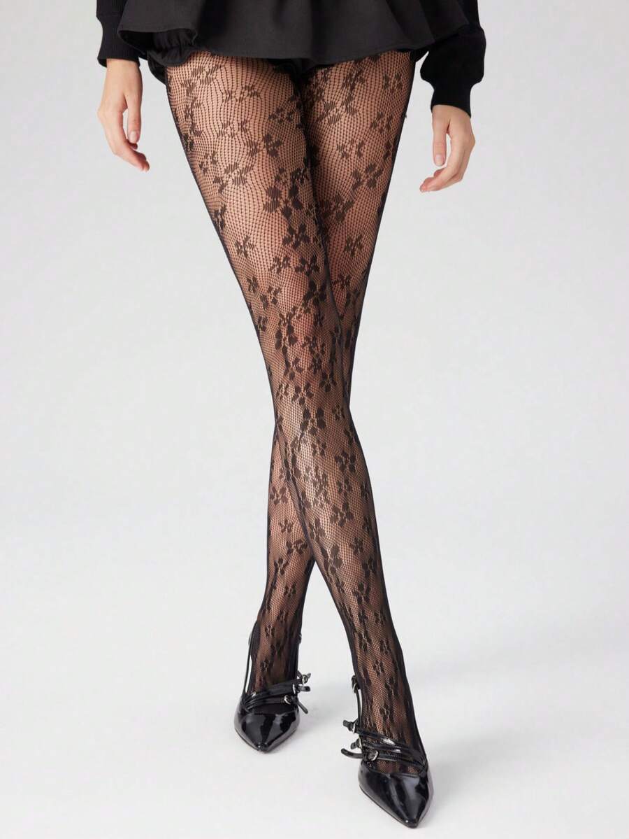 1双女士花卉蕾丝连裤袜/长筒袜，渔网袜，高腰显瘦紧身大码渔网提花打底裤，适合各种场合