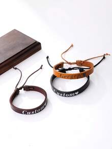 1pc Personalized Leather Bracelet With Name, Customized Leather Bracelet, Crystal Leather Bracelet, Unisex Gift, Couples Bracelet, Personalized Leather Gift, Adjustable, Suitable For Father's Day, Anniversary, Birthday, Graduation, Prom, Party, Back To School, Fashionable Autumn Design, Elegant & Romantic - Multicolor - View 3