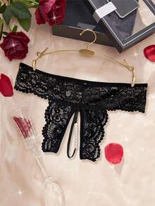 2 piezas Bragas de mujer sexy de encaje negro semitransparente con parches y decoración de perlas, tipo tanga - Negro - Ver 3