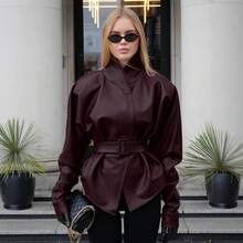 New Spring/Autumn Retro Motorcycle Style Stand Collar Leather Jacket, Fashionable And  Mid-Length Lace-Up Coat - Màu Đỏ Sâu - Xem 12