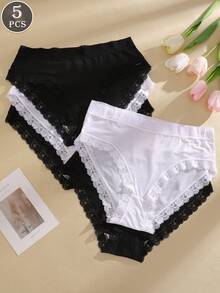 5pcs/Set Solid Color High Waist Lace Patchwork Briefs Panties Set For Women - Multicolor - View 5