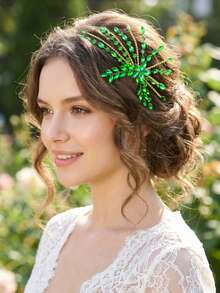 1件优雅水钻发梳，时尚发饰，女士礼物，适合婚礼、约会、派对、演出等场合 - 綠色 - 查看 2