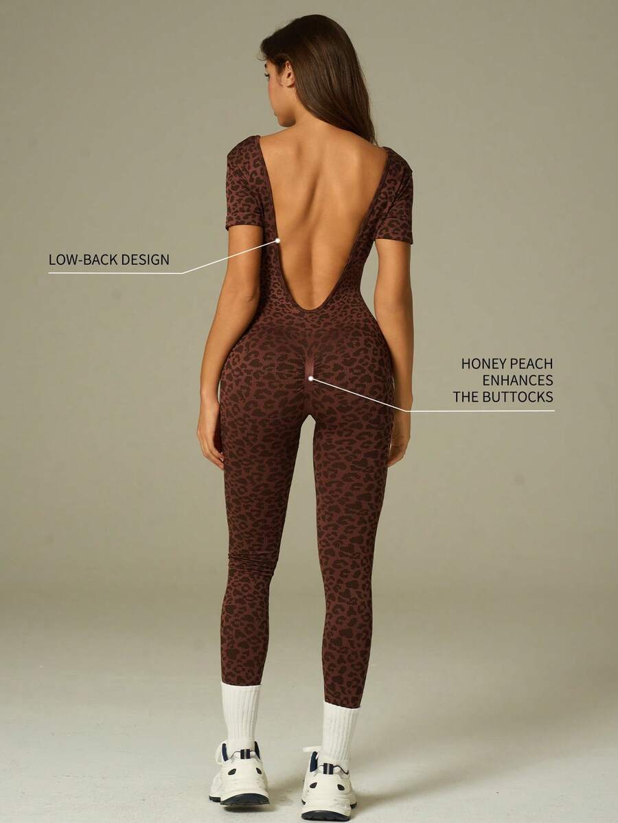 UONNOU 1 Piece, Women's Sportswear, Bodysuit/Shapewear. One-Piece Garment, Sportswear, Shapewear, Tight-Fitting Clothing, Casual Wear, Loungewear, Sexy Backless Design, Back Enhancement, Wide Round Neck Short Sleeves, Peach-Shaped Buttock Lifting, Waist Slimming And Tummy Control, Leg Shaping And Slimming, Sports Tight-Fitting Bodysuit, Brown Leopard Print, Seamless Knitted Soft Fabric, Suitable For Sports And Outdoor Activities, Yoga, Light Exercise, Gym, Running, Casual Daily Wear, Commuting, Parties, Festivals, Etc. Fashionable Sports And Outdoor Set, All-Season, Spring/Summer Style. - Nhiều màu - Xem 1