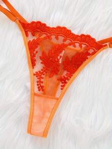 Orange Vitality Women's Short Nightdress, Solid Color Bow Suspender Sexy Short Nightdress, Embroidered Sexy Nightdress, Bright Orange Nightdress, Free Thong. - 橘色 - 查看 6
