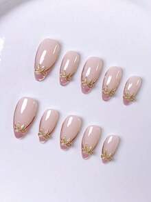 10pcs Handmade French Short Nail Stickers. This Manicure Set Includes 5 Colors: White, Pink, Gold, Blue, And Yellow, With A Charming And Design. Each Nail Sticker Is Decorated With Hand-Painted Vine Patterns That Wind Along Metallic French, And Are Embellished With Gold And Bow Accents. - Hồng 3 - Xem 5