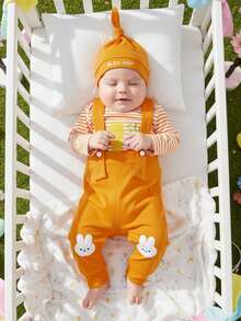 Conjunto de ropa de Pascua para niñas pequeñas, mono de manga larga con estampado de letras de conejito, pantalones y gorro. - Champán - Ver 4
