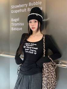 Letter Print U-Neck Fitted Long Sleeve T-Shirt, Stylish Top For Women, New Arrival Early Autumn Casual Black Spring - Black - View 5