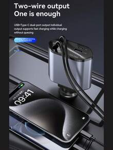 W&O 4-Port Fast Car Charger With USB & Type-C Ports, Digital Voltage Display, Compatible With IPhone, Android Phones & Tablets, Great Gift For Men, Christmas - Black and Gray - View 7