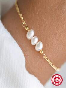 1pc 18K Gold Plated Pearl 925 Sterling Silver Romantic Bracelet, Suitable For Daily Wear, Wedding, Party, Engagement And Other Occasions, Exquisite Jewelry - Gold - View 4
