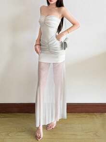 Vestido ajustado de un solo color con hombros descubiertos y transparencia de YeonC - Blanco - Ver 6