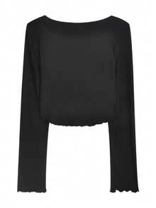 纯色圆领修身休闲女式T恤，饰有仿纽扣，长袖，短款，春秋季 - 黑色 - 查看 5