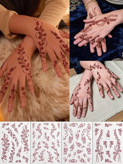 4 Sheets Festive Brown Floral Henna Temporary Tattoo Stickers - Floral Lace Designs,Perfect For Parties And Festivals, Mehndi Designs