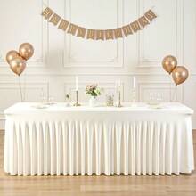 Mantel de Elastano Marfil de 8 Pies para Mesas Rectangulares, Sin Arrugas, Funda Ajustada con Falda, Ideal para Bodas, Fiestas - Marfil+96" x 30" (8 pies - 1 paquete) - Ver 2