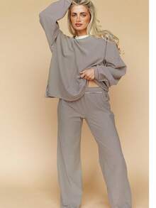 Women Casual Striped 2 Piece Lounge Set Long Sleeve Pullover Shirt Drawstring Wide Leg Pants Y2k Cute Loose Outfits - 卡其色 - 查看 2