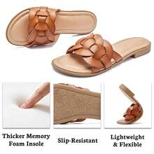 Women's Braided Flat Slide Sandals - Chic Summer Shoes With Round Toe And Cover Strap Detail, Easy Slip-On Design, Rubber Sole ,Memory Foam Footbed,Dressy Flat Sandals. - Brown - View 5