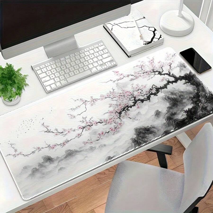 1pc Extra Large Extended Gaming Mouse Pad - Non-Slip Rubber Base, Suitable For Office And Gaming, Compatible With White Keyboard And Mouse, Ideal For Work And Home, Designed With Cherry Blossom And Cloud Pattern