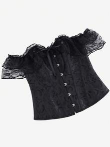 Overbust Lace Trim Off Shoulder Corset Top, Bustier, Bodice, Strapless Crop Top For Women, Vintage Burlesque Stage Performance - màu đen - Xem 4