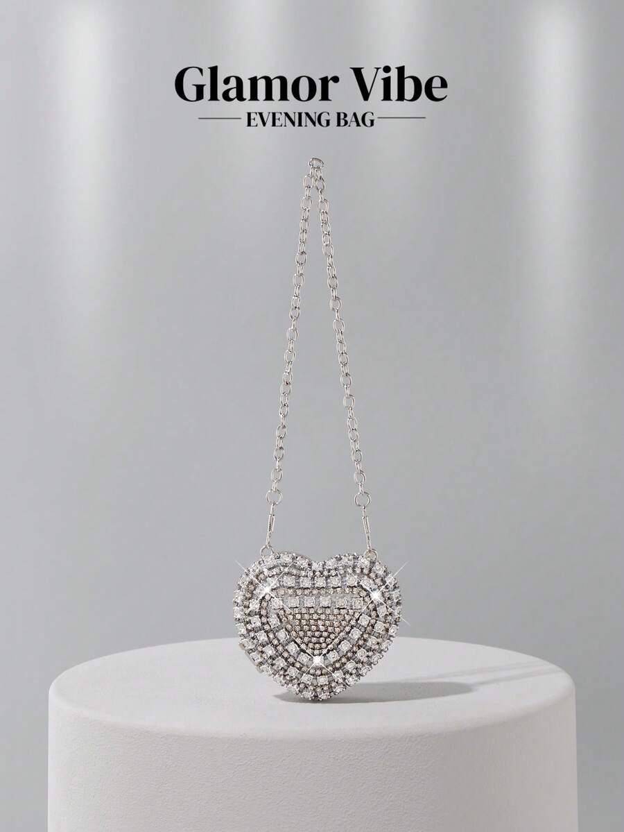Sparkling Mini Heart-Shaped Diamond Evening Bag, Crossbody Bag Suitable For Formal Events, Parties, Weddings, Fashion Shoulder Bag, Birthday/Valentine's Day Gift - 銀色 - 查看 1