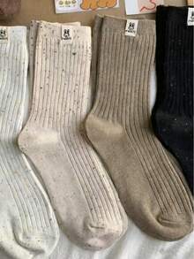 A Pair Of Solid-Colored Mid-Calf Socks For Women, Casual, Breathable And Fashionable Socks, Ankle Socks And Pantyhose For Women, Warm Winter Socks, Rabbit Pattern Design, Suitable As Gifts - trắng - Xem 6