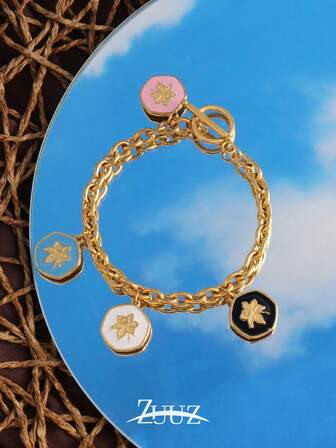 1 st vintage armband i rostfritt stål för kvinnor färgglatt blommigt berlockarmband rosa svart vitt blått blommahänge kedja armband smycken festgåvor, lämpligt för vardagsbruk