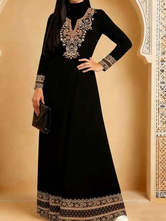 Women's Elegant Printed Long Dress, Long Sleeve High Collar Printed Robe, Middle Eastern Style Dress, Muslim Abaya