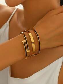 3 件套防水奢华多色立方氧化锆手镯，不锈钢开口手镯，18K 镀金时尚首饰，女士首饰，黄金首饰，女士手镯配饰，女士不锈钢手镯 - 金黃色 - 查看 15