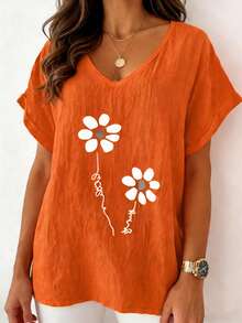 Áo thun ngắn tay cổ chữ V in họa tiết dáng rộng dành cho nữ cỡ lớn, chất liệu vải lanh nhăn mềm mại, thoải mái, thích hợp mặc mùa hè. - trái cam - Xem 5