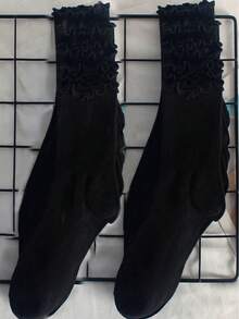 10 双女式黑白混色荷叶边休闲中筒袜，防臭，吸湿排汗，适合学生/成人，馈赠佳品，日常穿着，秋季袜子 - 白色 - 查看 7
