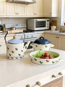 SummitPulse 1 Set Minimalist Style Enamel Tableware, Featuring Wooden Handles And Delicate Orchid Patterns, Includes 1 Enamel Teapot, 1 Enamel Double-Handled Cup, And 1 Covered Flat Baking Pan. This Fresh Floral Patterned Tableware Set Can Be Used As A Coffee Pot, Milk Tea Pot, And Water Kettle. - Small White Orchid - View 5