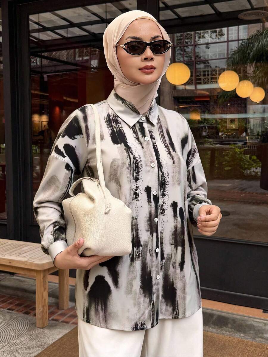 DAZY Women's Casual Tie-Dye Loose Blouse, Spring/Autumn,Long Sleeve Tops,Fall Women Clothes Graphic Tee - Grey - View 1