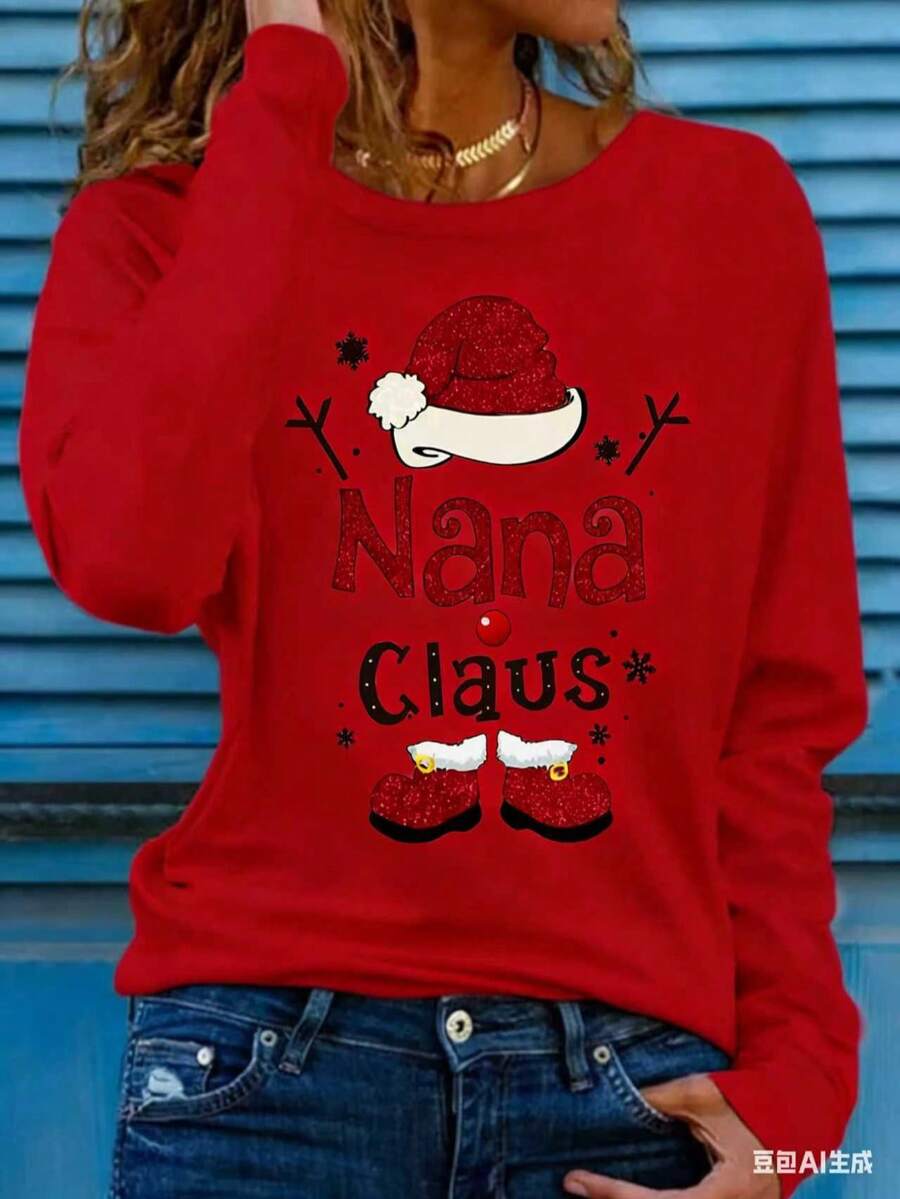Women's Holiday Christmas T-Shirt, Long Sleeve Round Neck, 100% Polyester, Knitted Fabric, Regular Length, Patch Detail, Casual Style, Autumn Pattern Top 2025 - 紅色 - 查看 1