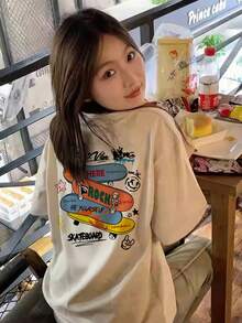 Japanese Style Women Loose Fit Round Neck Casual Versatile Letter & Skateboard Print Short Sleeve T-Shirt, Spring/Summer - Light Gray - View 3