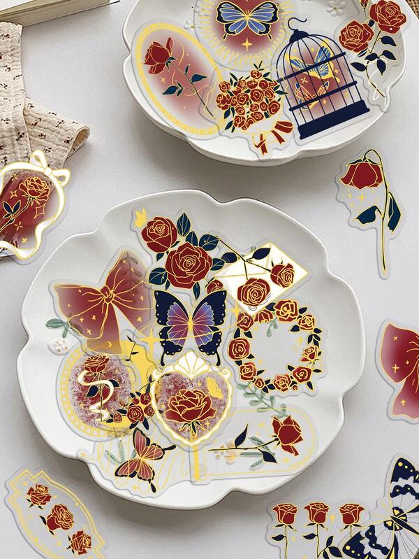 50pcs Vintage Rose Notebook Stickers Gold Foil Stamping PET Material Elegant Artistic Design Perfect For Guitar, Scrapbooking Supplies, Water Bottles, Laptops, Envelopes, Luggage Decorations - Fun Stickers