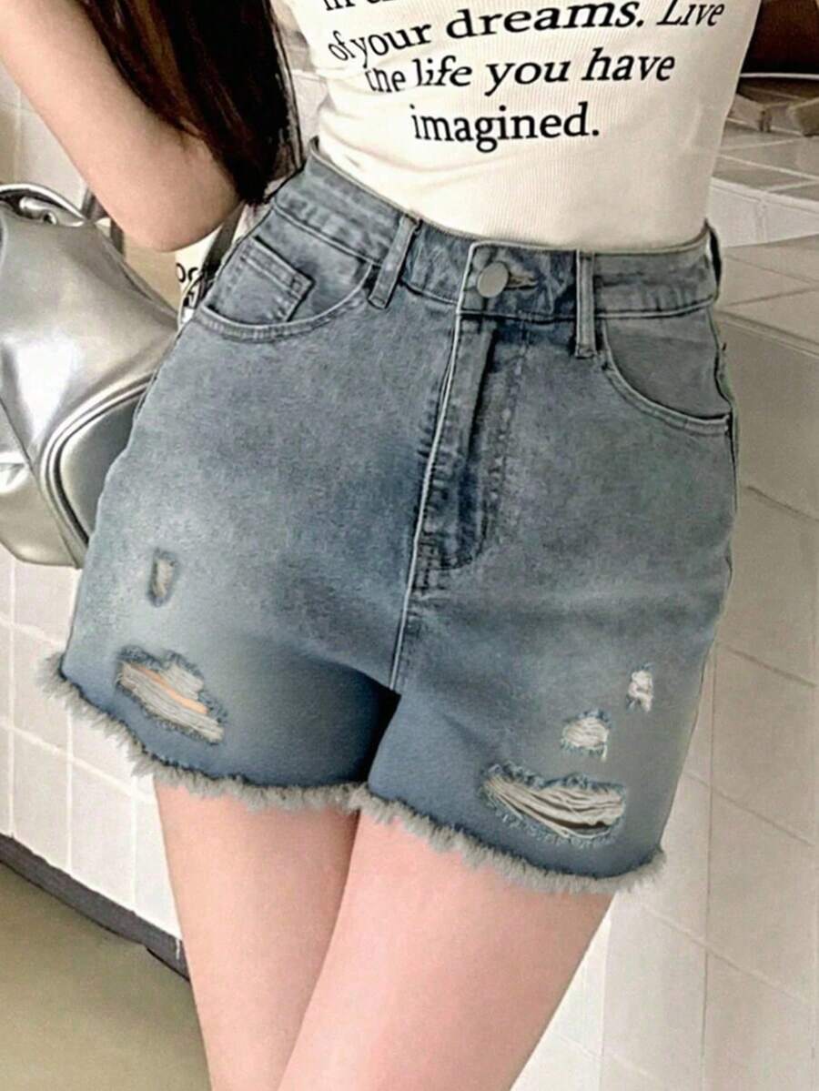 Women's High Waist Straight Leg Distressed Casual Denim Shorts, Spring/Summer - Blue - View 1